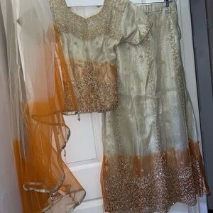 Elegant Gold and Orange Embellished Outfit